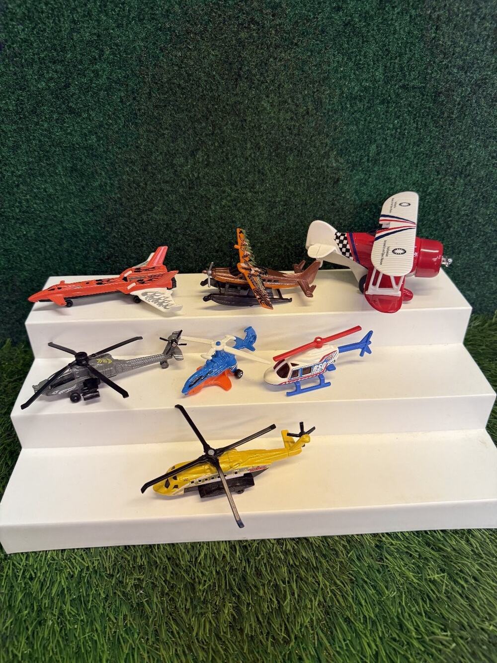 Lot of 7 Diecast Aircraft & Helicopters Toy Vehicles Biplane Jet Seaplane Rescue